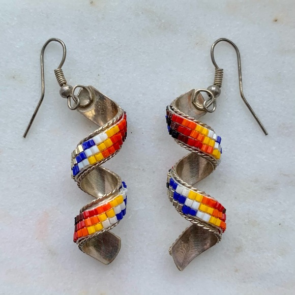 Vintage spiral bead earrings Native American colorful sterling